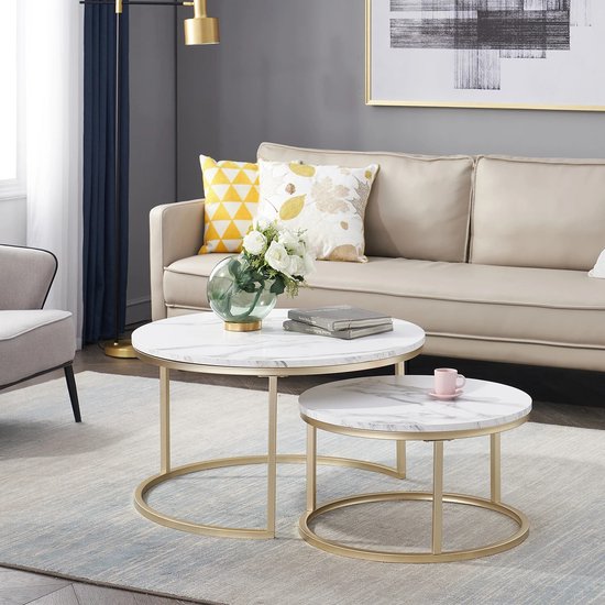 Eleganza Maison® - Luxueuze Set van 2 Ronde Salontafels met Marmeren Textuur en Gouden Frame - 2-in-1 Combinatie Meubels voor Woonkamer - Koffietafel - Thee tafel - Wit - 80 en 60 cm