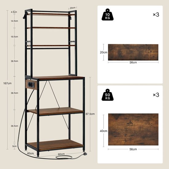 Keukenrek met Stopcontact – Stellingkast - Bakkerskast – 6 Lagen Staand Rek - Opbergrek Keuken – Hout & Metaal – 60x40x167 cm - Bruin