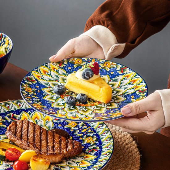 24-Delige Boheemse Stijl Keramische Serviesset - Serviesset 6 persoons - Hoogwaardig Steengoed Servies met Dinerborden, Dessertborden, Soepkommen en Ontbijt/Pasta Schalen