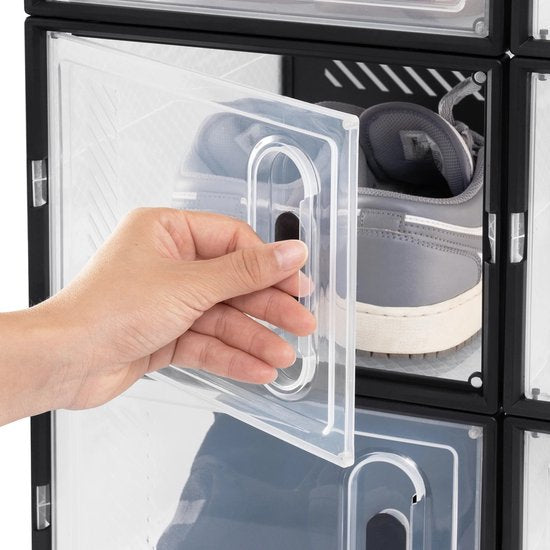 Set van 18 Sneakerboxen - Sneakerbox Organizer - Schoenendozen – Transparante Magnetische Deur – Stapelbare Opbergboxen & Organizers – 35x25x19 cm – Zwart