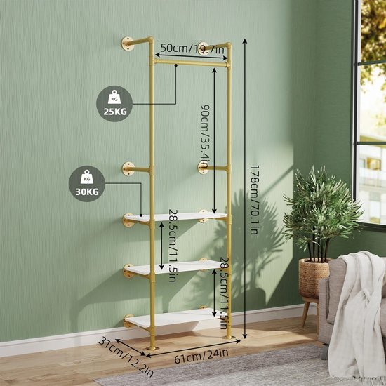 Industriële Pijp Kledingrek met Houten Legplanken – Rek - Vintage Wandrek met Pijpleiding - Gouden Afwerking - 178 cm Hoog
