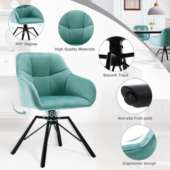 Eleganza Maison® - Eetkamerstoelen set van 2 - Luxueuze Velvet Stoelen - Stoel Draaibaar - Fluweel - Turquoise - 58,5x54,5x82,5 cm