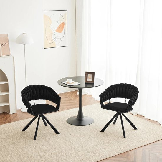 Set van 2 Draaibare Eetkamerstoelen - Moderne Fluwelen Gestoffeerde Stoelen met Armleuning, Gewatteerd Comfort - Stoelen voor Keuken, Woonkamer of Slaapkamer - Zwart