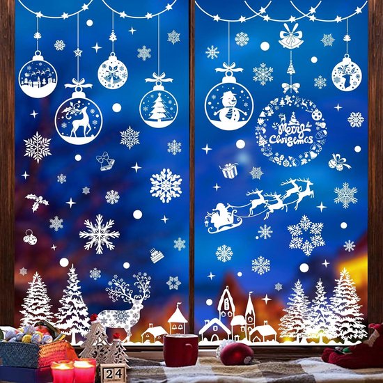 Kerst Raamstickers – 163 Stuks Zelfklevende Sneeuwvlokken – Witte Kerstdecoratie – Herbruikbare Statische Raamdecoratie – Kerstmis, Rendieren en Kerstballen Decoratie - Kerstversiering voor Ramen & Deuren