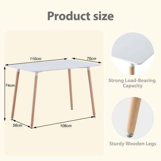 Rechthoekige Eettafelset – Inclusief 4 Eetkamerstoelen – Scandinavische Stijl – Houten Poten – Tafel en Stoelen Voor Woonkamer, Eetkamer & Keuken – Wit