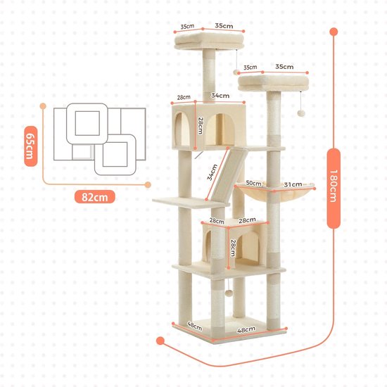 Whoopr® XXL Cat TowerCat - Kattenboom - Kattenhuis - Krabpaal - Hoge Kattentoren met Meerdere Niveaus - Pluche Kattenflat met Krabpalen, Krabplanken, Zitstokken en Grotten - 65x82x180 cm - Beige