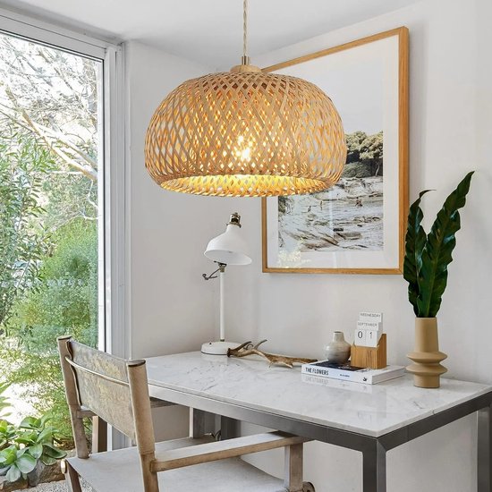 Rotan Hanglamp - 30 x 18 x 120 cm – Beige Kroonluchter – Rieten Plafondlamp – Handgeweven Boho Lamp – Voor Eetkamer, Keuken & Woonkamer