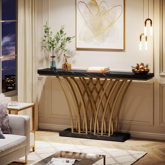 Eleganza Maison® Grid Console Table - Moderne Gouden Consoletafel - Haltafel - Wandtafel met Rastervormig Metalen Onderstel - Ideaal voor Ingang, Gang en Entree - Zwart - Goud - Marmer - 150 x 80 x 30 cm (B x H x D)