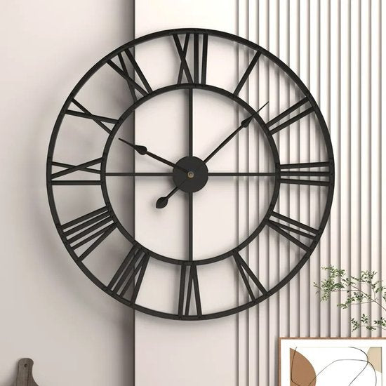 Moderne Industriële Wandklok - Retro Ronde Metalen Klok met Romeinse Cijfers - Hoogwaardig en Duurzaam Metaal - Industrieel - Woonkamerdecoratie - 40 cm diameter - Zwart