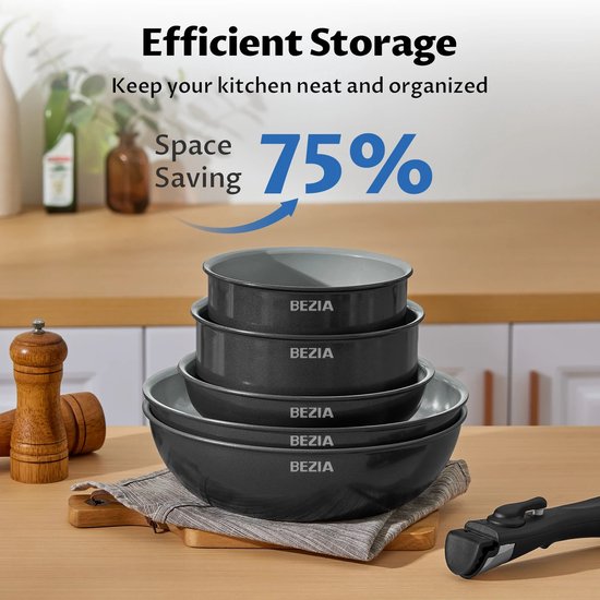 13-Delige Inductiekookgerei Set met Keramische Antiaanbaklaag - 5 Pannen Keramisch - Ovenbestendig - Kookgerei - Potten en Pannen met Afneembare Handgrepen