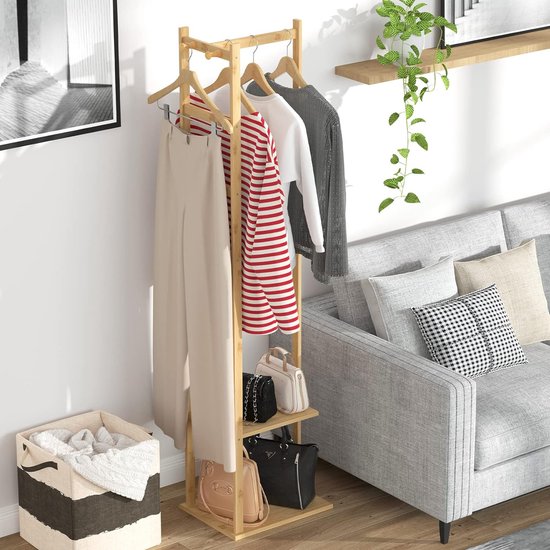 Kapstok van Bamboe - Vrijstaand Kledingrek - Garderobe met Kledingstang - 2 Planken - 3 Haken voor Kleding - Hoeden - Tassen - Hal - Entree - 38,2 x 30 x 155 cm