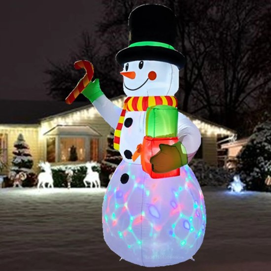 Opblaasbare Kerst Sneeuwpop met Geschenken en Snoep - Ingebouwde LED-verlichting - Roterende Verlichting - Opblaasbaar Figuur - Decoratief Christmas Model voor Binnen en Buiten - Kerstdecoratie - Kerstmis - 2,1 m Hoog