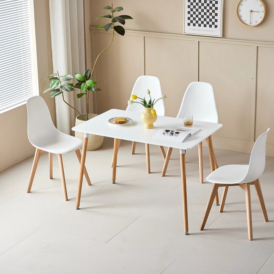 Rechthoekige Eettafelset – Inclusief 4 Eetkamerstoelen – Scandinavische Stijl – Houten Poten – Tafel en Stoelen Voor Woonkamer, Eetkamer & Keuken – Wit