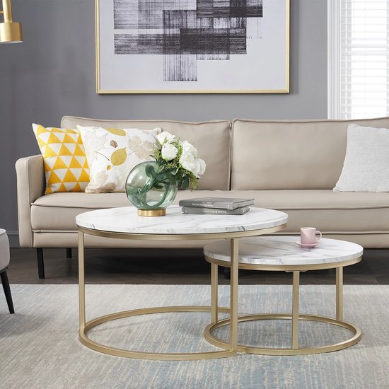 Eleganza Maison® - Luxueuze Set van 2 Ronde Salontafels met Marmeren Textuur en Gouden Frame - 2-in-1 Combinatie Meubels voor Woonkamer - Koffietafel - Thee tafel - Wit - 80 en 60 cm