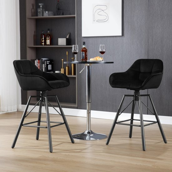Set van 4 Fluwelen Barkrukken - Draaibare Barstoelen 360° met Rugleuning & Voetsteun - Luxe Hoge Krukken voor Woonkamer & Keuken - Ergonomisch - Zwart - Barkruk 53 x 51 x 94.5 cm