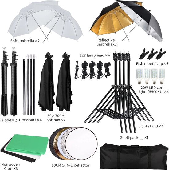 Fotostudio Softbox Verlichtingskit met Achtergrondframe - Achtergrondsysteem - Studio Fotografie - Inclusief 3 Achtergronden, Statief, Reflectorbord en 4 Paraplu's - Complete Set