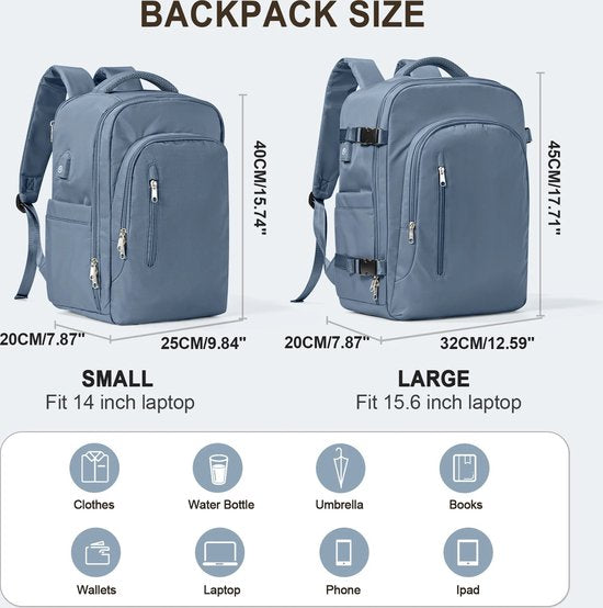 Laptop Rugzak voor Vrouwen en Mannen - Grote Capaciteit - EasyJet Handbagage 45x32x20 cm - Ryanair Cabine Rugzak - Reistas - Rugtas - Blauw