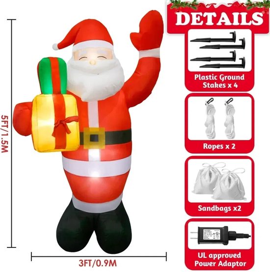 Opblaasbare Kerstman met Verlichting - Weerbestendige Buitenversiering voor Tuin - Tuindecoratie - Kerstdecoratie - Kerstversiering - 1.5 M