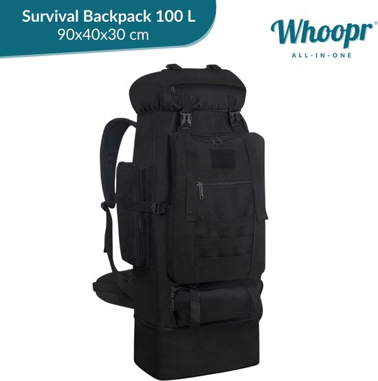 Survival Backpack - Verstelbare capaciteit: 70-100 Liter - Extra Grote Waterdichte Outdoor Rugtas voor Dames & Heren - Camping Rugzak met MOLLE-Systeem (Modulair Uitbreidbaar) - Militaire Trekking Backpack voor Wandelen, Hiking & Reizen - Zwart