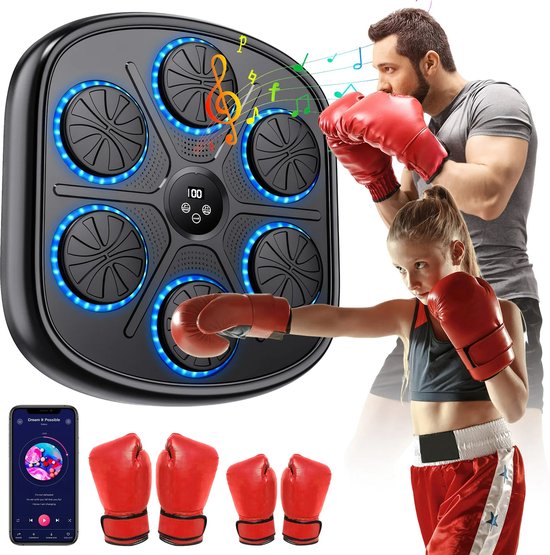 Smart Boxing machine - Boksmachine met Bluetooth & RGB-verlichting – Muurmontage Boks Trainer met Muziekfunctie – Inclusief Handschoenen voor Volwassenen & Kinderen – Boxmachine Voor Thuis - 8 x 42 x 45 cm