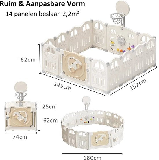 Inklapbare Babybox - Opvouwbare Baby Box Met Basketbal Hoepel & 50 Gekleurde Pit Ballen - Speelgoed voor kinderen - 14-Panel Speelhek Voor Peuters En Baby's - 149x152x62CM