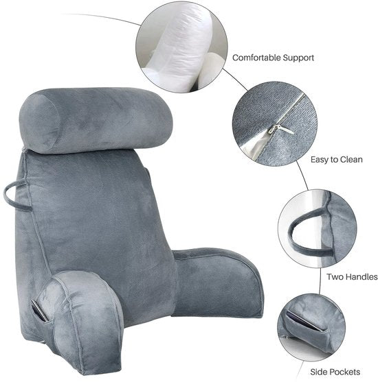 Leeskussen met Afneembare Nekrol – Comfortabel Rugkussen met Rugleuning – Onderrug Ondersteuning voor Bed & Bank – 75x40x50 cm – Ideaal om te Lezen, Relaxen & TV-kijken - Grijs