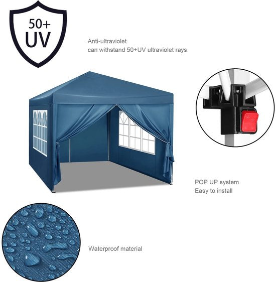 Easy Up Partytent - Tuintent - Opvouwbare Luifel met Waterdichte & UV Zonbescherming - Camping Paviljoen met Draagtas - Opvouwbaar - Waterdicht - Tent met Zijwanden - In Hoogte Verstelbaar - 3 x 3 m