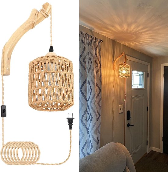 Houten Wandlamp - Voor Binnen - Vintage wandlamp met gevlochten rotan - E27 Retro wandverlichting met schakelaar en stekker - Voor slaapkamer - Woonkamer (Zonder gloeilamp)
