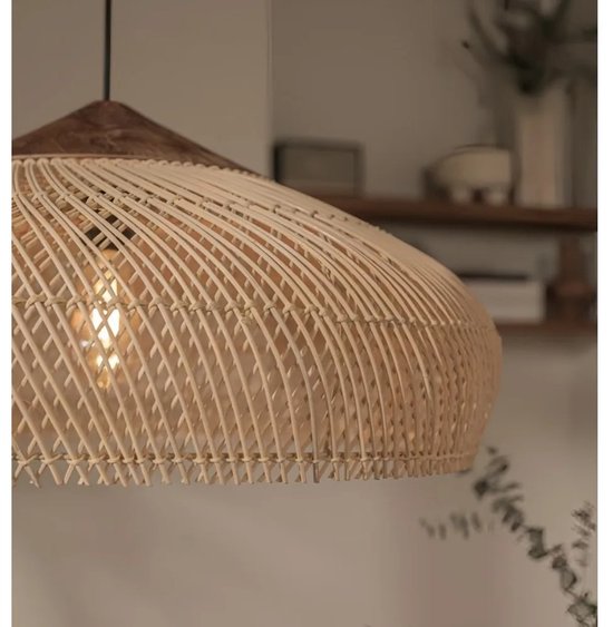 Rotan Hanglamp - 40 x 19 x 120 cm – Beige Kroonluchter – Rieten Plafondlamp – Handgeweven Boho Lamp – Voor Eetkamer, Keuken & Woonkamer