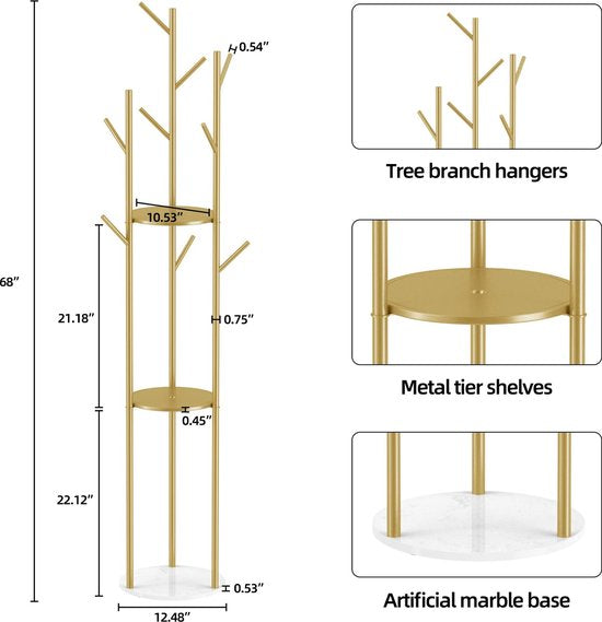 Eleganza Maison® - Gouden Metalen Kapstok - 9 Haken - 3 Opslag Planken - Marmeren afwerking - Kapstokken - Staand - Staande Kapstok van Staal - 31.7 x 172.5cm (LxH)