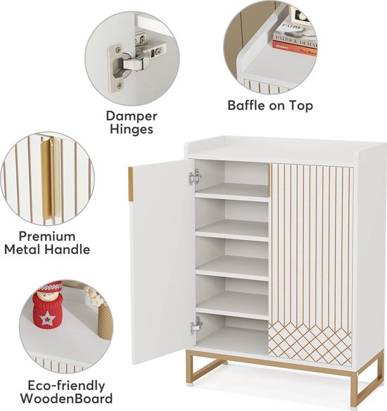 Witte Schoenenkast Met Deuren - 5-laags Schoenenrek - Houten Opbergkast Voor Slaapkamer, Gang en Woonkamer - 75 x 35 x 105 cm