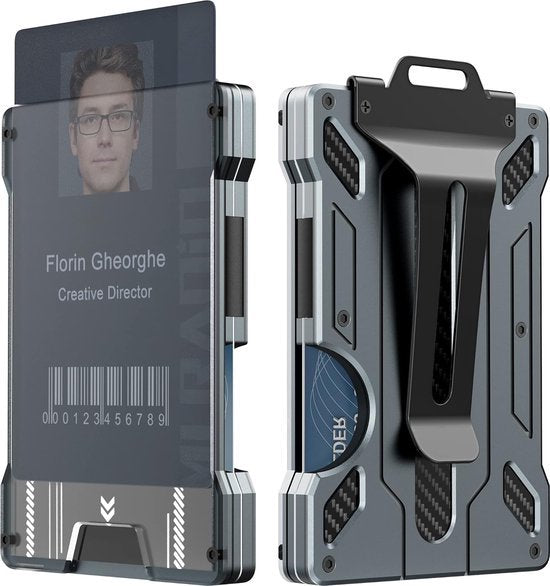 RFID Smart Wallet - Portemonnee voor Heren - Compact Design - Hoogwaardig en Duurzaam Aluminium, Carbon & Metaal - Doorzichtig ID-Venster - Kaart en Geldcliphouder - Anti-Diefstal Technologie - Grijs
