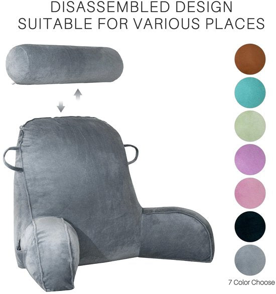Leeskussen met Afneembare Nekrol – Comfortabel Rugkussen met Rugleuning – Onderrug Ondersteuning voor Bed & Bank – 75x40x50 cm – Ideaal om te Lezen, Relaxen & TV-kijken - Grijs