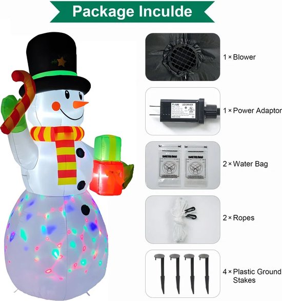 Opblaasbare Kerst Sneeuwpop met Geschenken en Snoep - Ingebouwde LED-verlichting - Roterende Verlichting - Opblaasbaar Figuur - Decoratief Christmas Model voor Binnen en Buiten - Kerstdecoratie - Kerstmis - 2,1 m Hoog