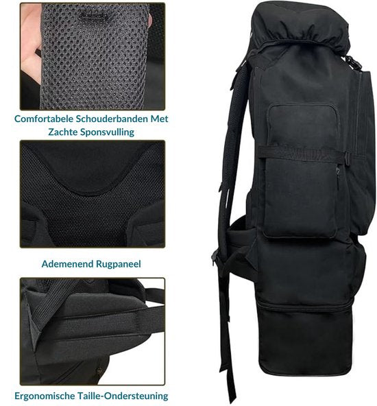 Survival Backpack - Verstelbare capaciteit: 70-100 Liter - Extra Grote Waterdichte Outdoor Rugtas voor Dames & Heren - Camping Rugzak met MOLLE-Systeem (Modulair Uitbreidbaar) - Militaire Trekking Backpack voor Wandelen, Hiking & Reizen - Zwart