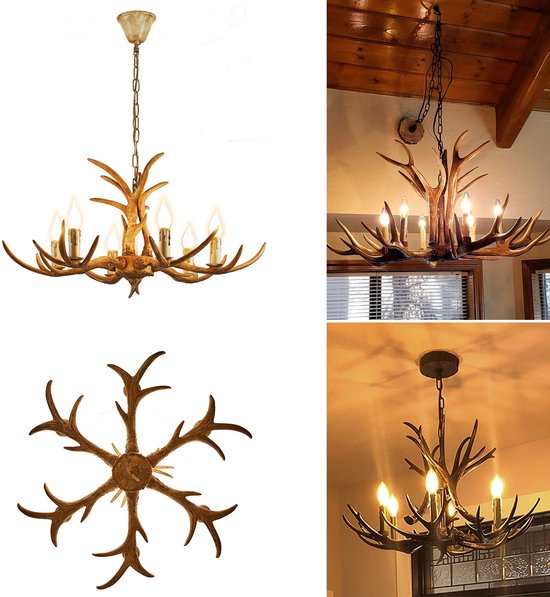 Vintage Herten Gewei Kroonluchter – Decoratie Lamp – Scandinavische Hanglamp – Plafondmontage – 6-Lichts Plafondlamp – 40 x 75 x 100 cm
