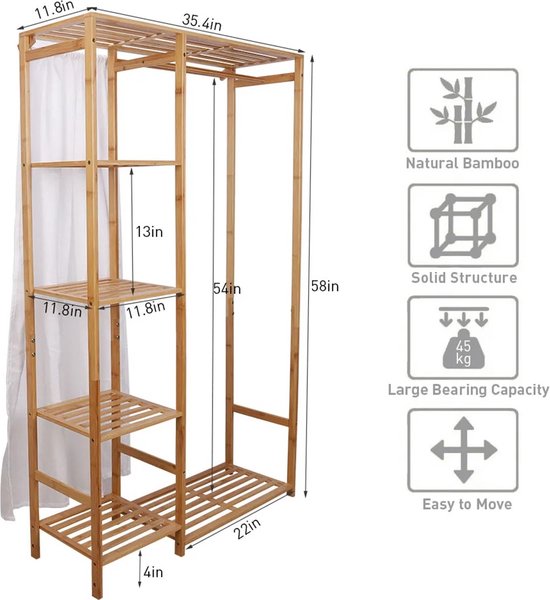 Bamboe Houten Kledingrek met Planken - Kledinghanger Stand voor Kinderen en Volwassenen - Stellingkast - Organizer - Opbergrek voor Kleding, Jassen, Schoenen en Organisatie - 90x30x146.6cm