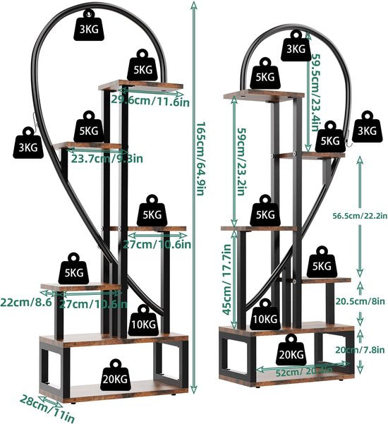Whoopr® - Plantenstandaard voor Binnen en Buiten - Plantenrek - Hartvorm - 6 lagen - Metaal - Bruin - Zwart