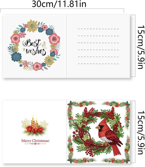 6-delige DIY Diamond Painting Kerstkaarten – Wenskaarten met Enveloppen – Kerstster en Krans Design Kerst – Diamant Knutselpakket – Complete Set – Creatief Kerstcadeau – 6 Stuks