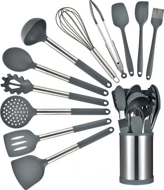12-Delige Keukengerei Set Met 360° Roterende Basis - Koogerei - Bak- en Kookhulpmiddelen: Spatel, Lepel, Schraper, Borstel en Turner - BPA en PFAS Vrij
