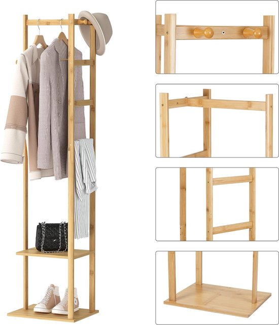 Kapstok van Bamboe - Vrijstaand Kledingrek - Garderobe met Kledingstang - 2 Planken - 3 Haken voor Kleding - Hoeden - Tassen - Hal - Entree - 38,2 x 30 x 155 cm