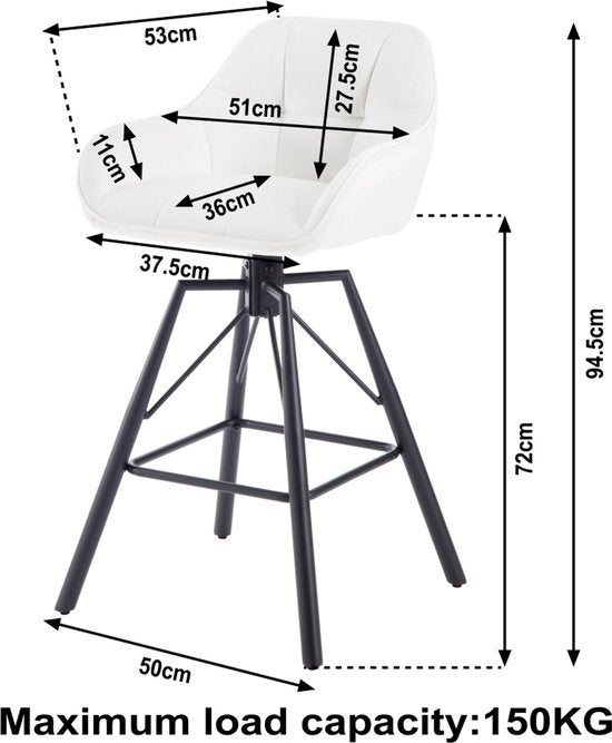 Set van 4 Fluwelen Barkrukken - Draaibare Barstoelen 360° met Rugleuning & Voetsteun - Luxe Hoge Krukken voor Woonkamer & Keuken - Ergonomisch - Zwart - Barkruk 53 x 51 x 94.5 cm