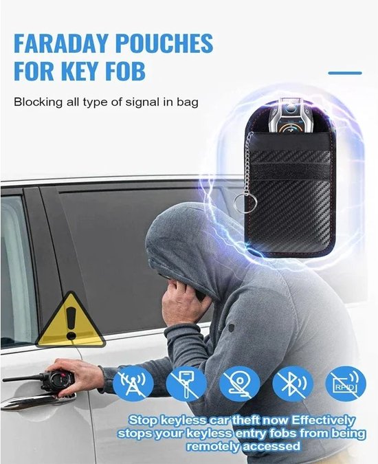RFID Beschermhoes Autosleutel - Set van 2 Faraday Pouches - Anti-diefstal Autosleutel Blokkeringshoes - Dubbele Lagen Carbon - Ingebouwde Sleutelclips - Signaal Blokkerende Tas voor Autosleutels - 2 stuks