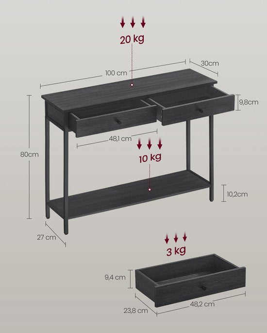 Consoletafel - Gangtafel - Bijzettafel met 2 Laden - Smalle Sidetable - Haltafel voor Woonkamer & Entree - Tafel 100 x 30 x 80 cm