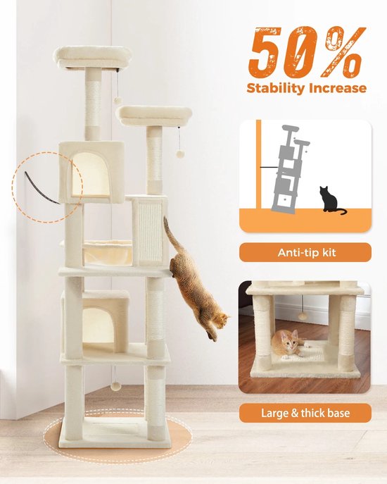 Whoopr® XXL Cat TowerCat - Kattenboom - Kattenhuis - Krabpaal - Hoge Kattentoren met Meerdere Niveaus - Pluche Kattenflat met Krabpalen, Krabplanken, Zitstokken en Grotten - 65x82x180 cm - Beige