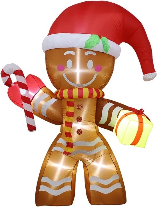 Opblaasbare Kerstdecoratie - Reusachtige Peperkoekman met 6 Ingebouwde LED's - Kerstversiering - Verlichting - Buiten Kerstspeelgoed voor Kinderen - 2.5M