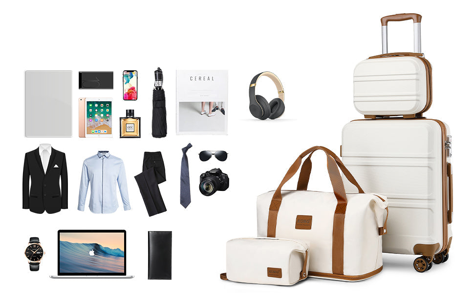 4-delige Kofferset – 55cm Handbagage, Beautycase, Reistas & Toilettas – ABS Hardcase – TSA-Slot – 360° Wielen