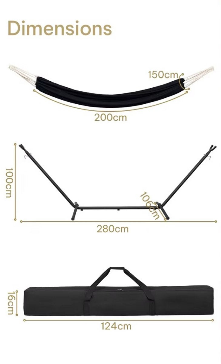 Hangmat met Standaard 280x106x100 cm – Metalen Frame – Inclusief Draagtas – Belastbaar tot 250 kg – Voor Binnen & Buiten