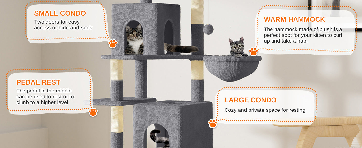 Katten Krabpaal 158 cm – Grote Kattenboom met 2 Huisjes, 2 Hangmatten & 7 Sisal Krabpalen – Luxe Klimtoren voor Binnenkatten