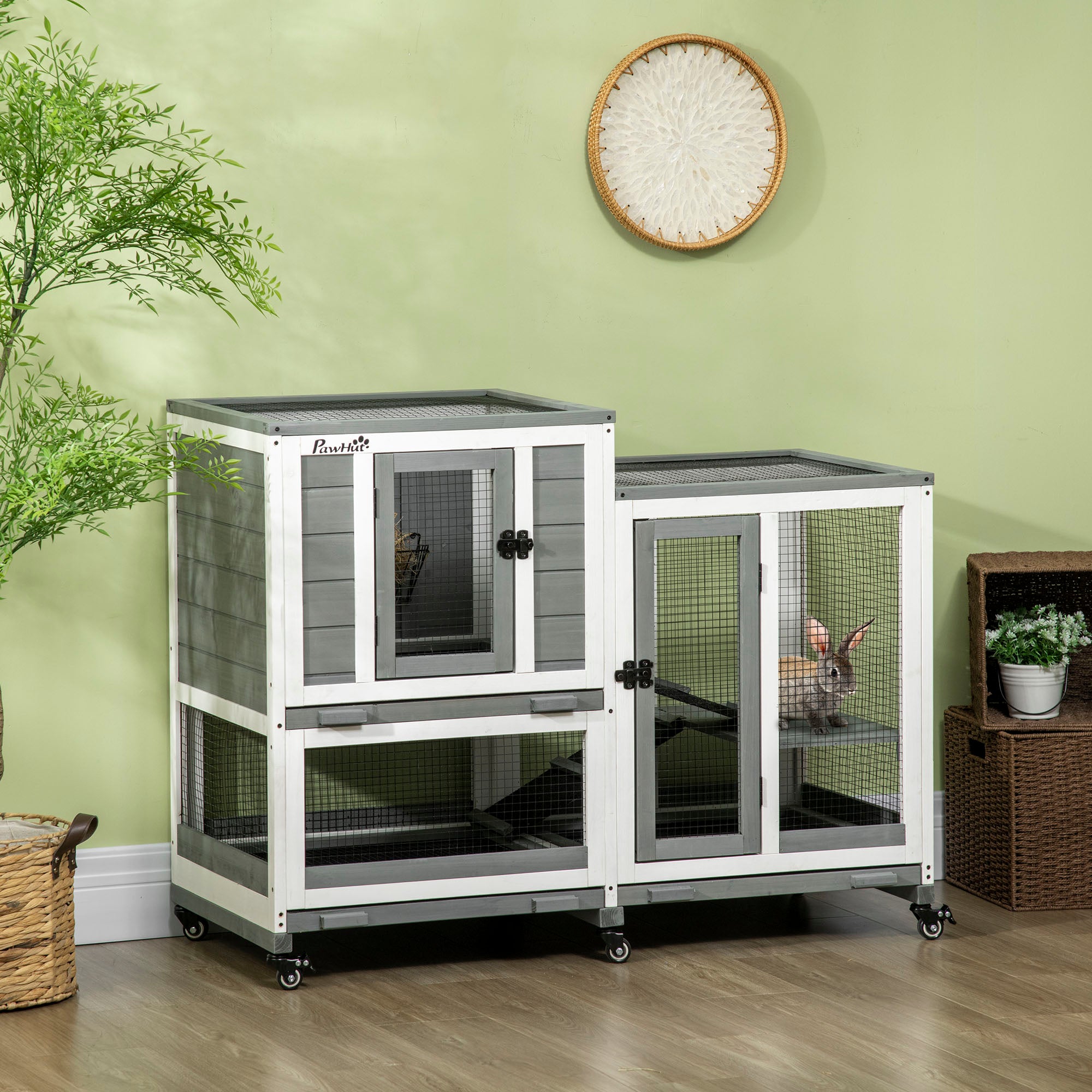 Houten Konijnenhok Binnen met Wielen 110x50x86 cm – Ruim Dierenverblijf met Lade & Helling voor Konijnen en Knaagdieren